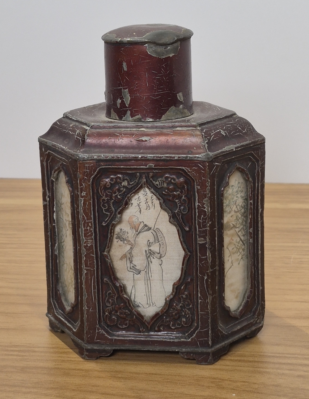 ​Antique 1900s Chinese Tea Caddy - Hand Painted Glass Panels - Signed He Shun